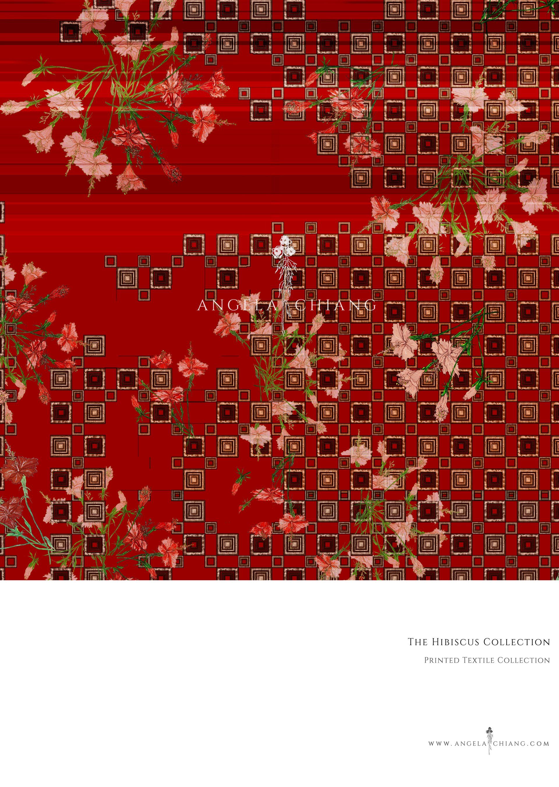 Hibiscus print in maroon designed for the ibis KLCC hotel opening in Kuala Lumpur